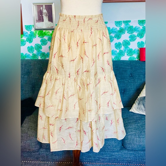 NWT Senlis Red & Gold Leaf Miranda Tiered Ruffle Midi Skirt, Size Medium - Picture 4 of 5
